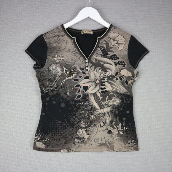 Blue Canyon Made in USA Embellished Floral V Neck Shirt Womens Large - Picture 1 of 8